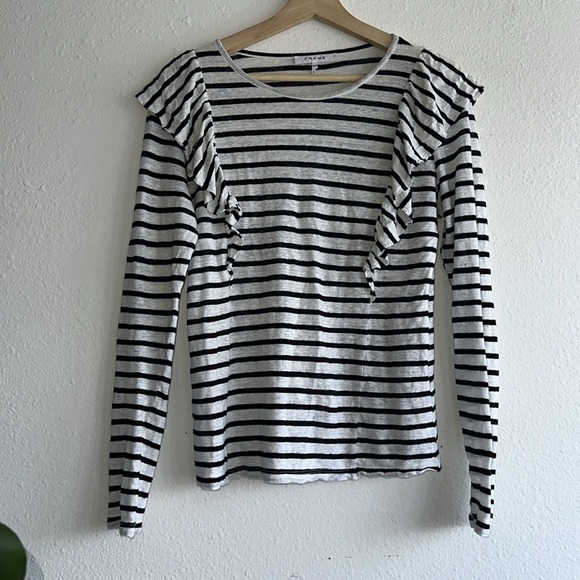 FRAME Black and White Striped Ruffle Long Sleeve Linen Top Sz. M - Picture 2 of 7